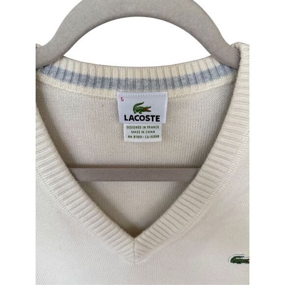 Lacoste Mens Cream V-neck Long Sleeve Ribbed Trim Logo Pullover Sweater Size 5 - Picture 4 of 9